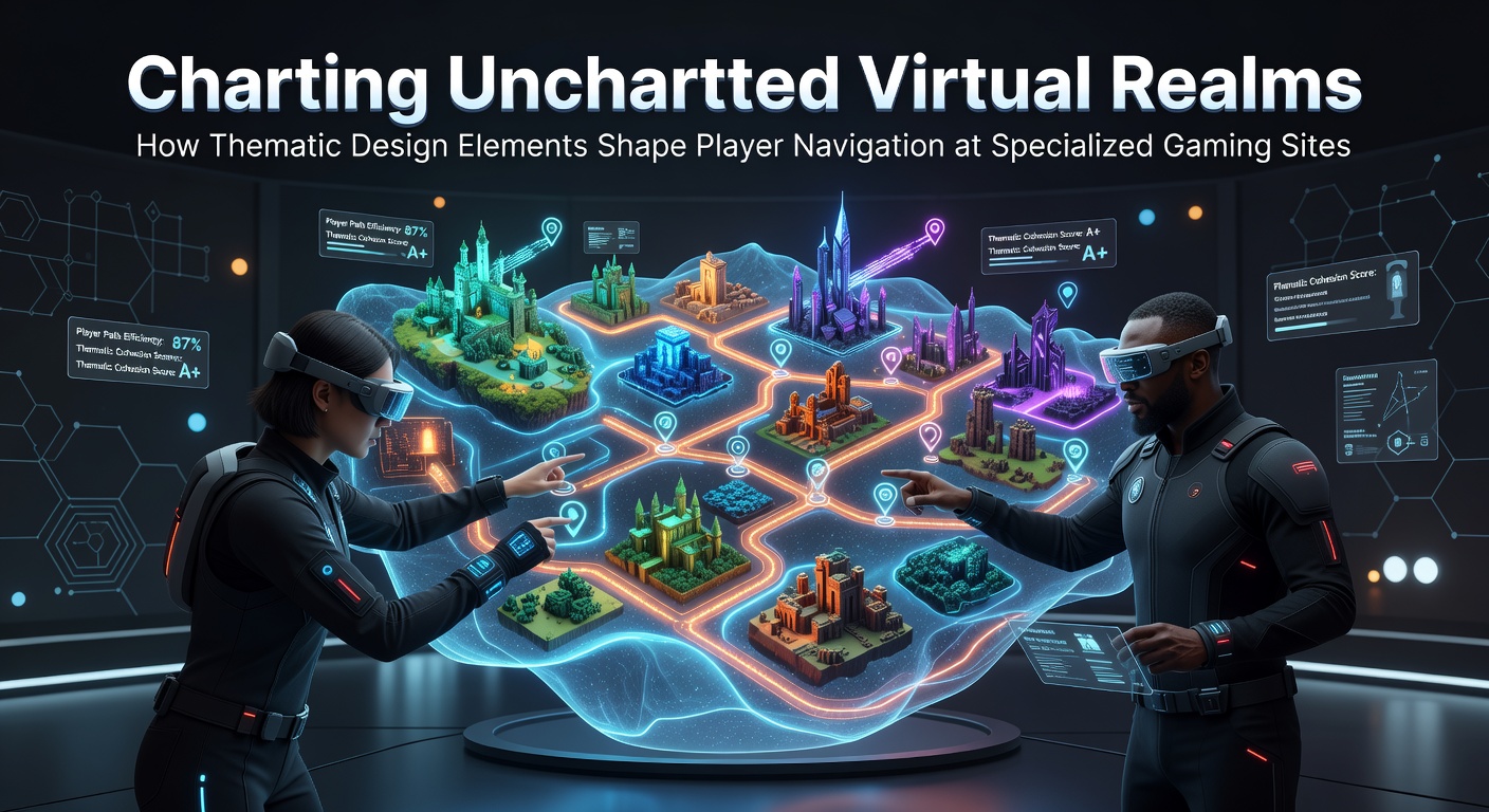 Immersive thematic design elements guiding navigation through virtual gaming environments
