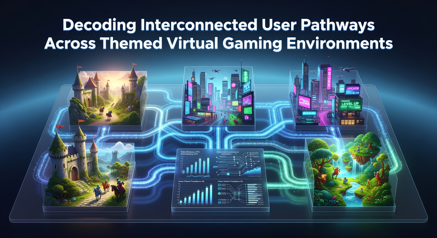 Visual representation of interconnected pathways in virtual gaming environments showing player navigation routes across themed digital spaces
