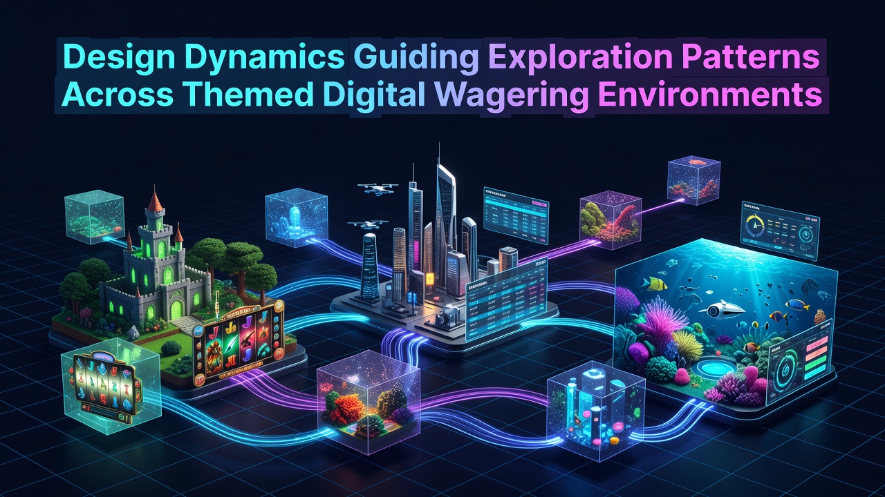 Thematic design layout showing navigation pathways in a virtual casino environment with interconnected game zones and visual cues