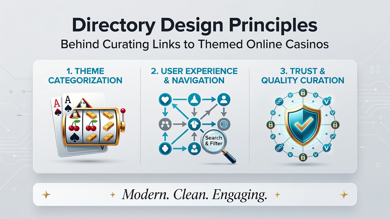 Visual representation of structured directory layouts showing categorized sections for themed online casino resources
