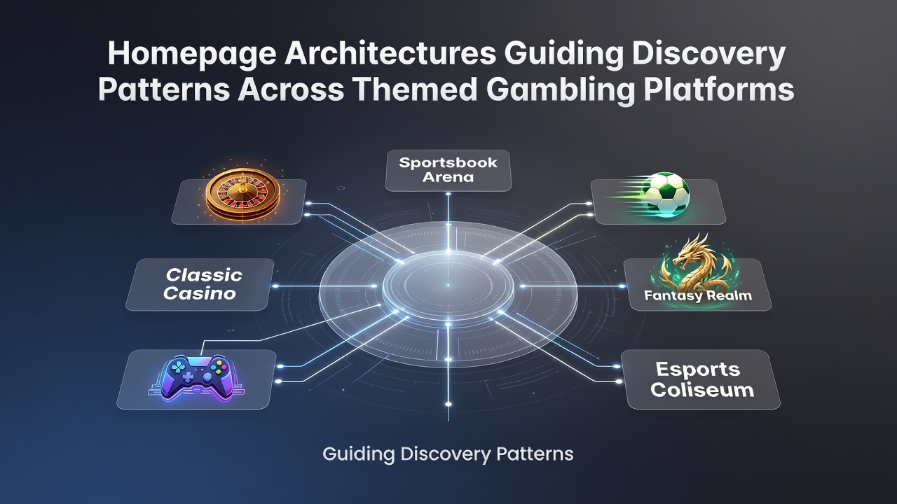 Themed gambling platform homepage with discovery patterns illustrated through categorized sections and navigation flows