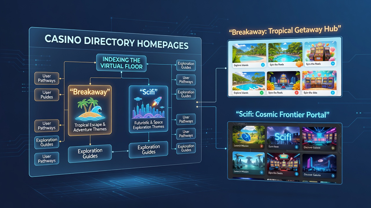 Casino directory homepage layout showing categorized navigation to themed gaming sites