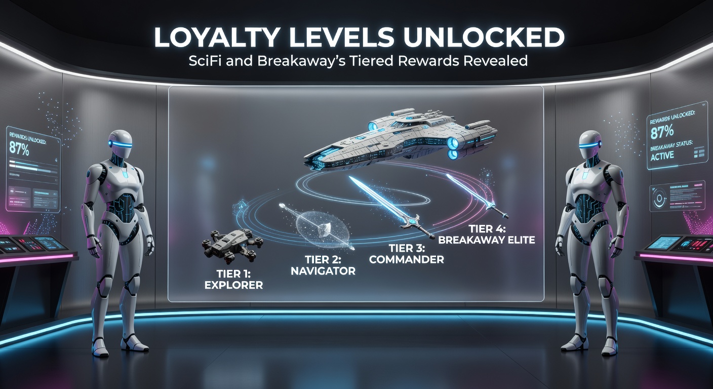 Visual representation of tiered loyalty levels at SciFi and Breakaway casinos, showing progression from bronze to elite status with escalating rewards