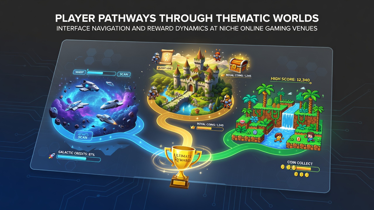 Players exploring thematic interface elements in a virtual gaming environment with futuristic and adventure motifs