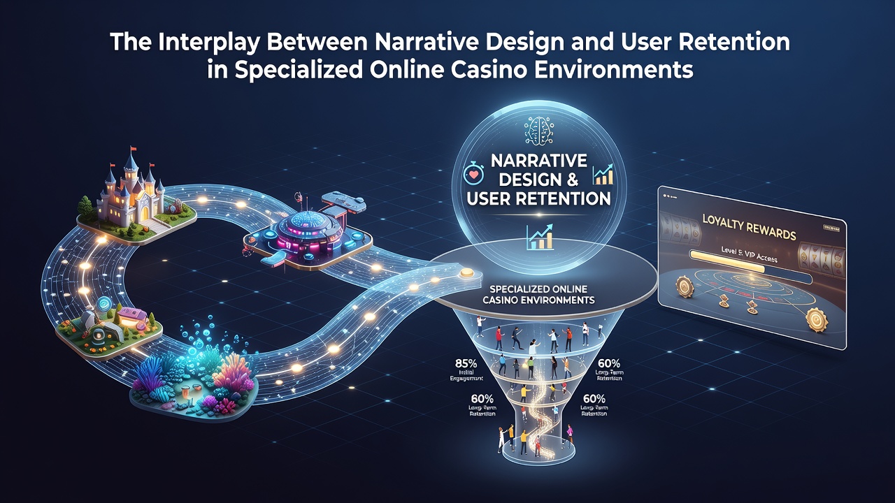 Illustration of narrative elements integrated into a specialized online casino interface showing thematic storytelling layers