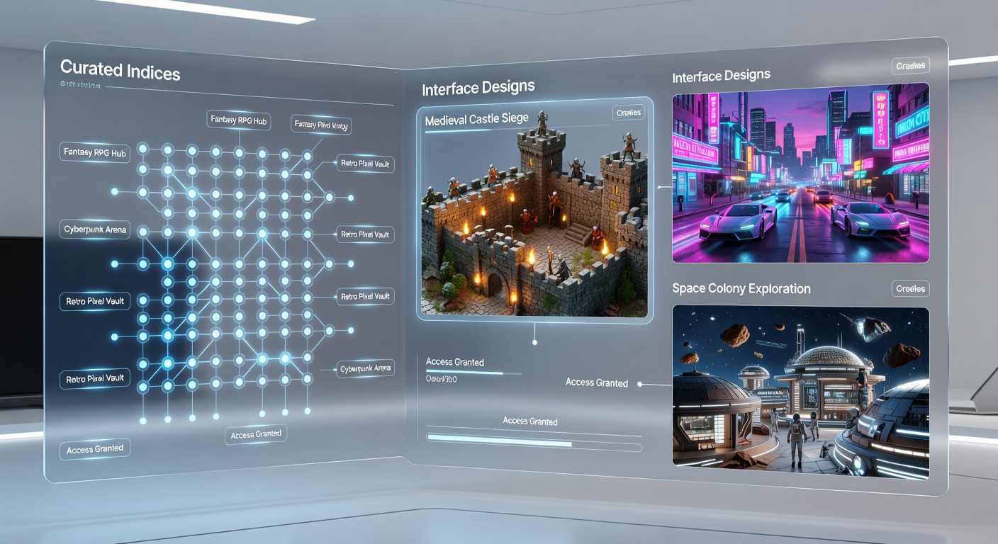 Visual representation of curated indices and digital interface layouts guiding users through themed virtual gaming environments