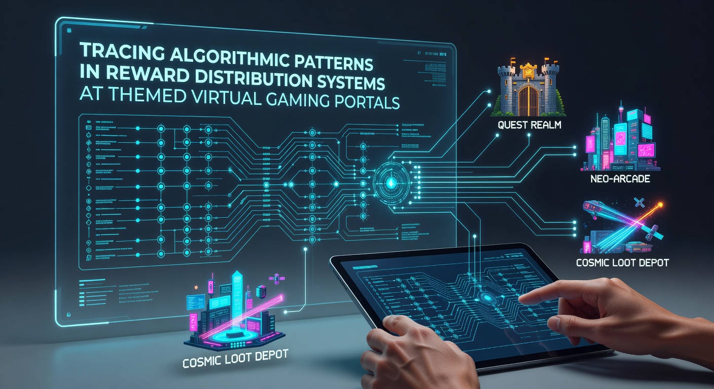 Abstract visualization of algorithmic reward patterns flowing through themed virtual gaming interfaces with interconnected nodes and data streams