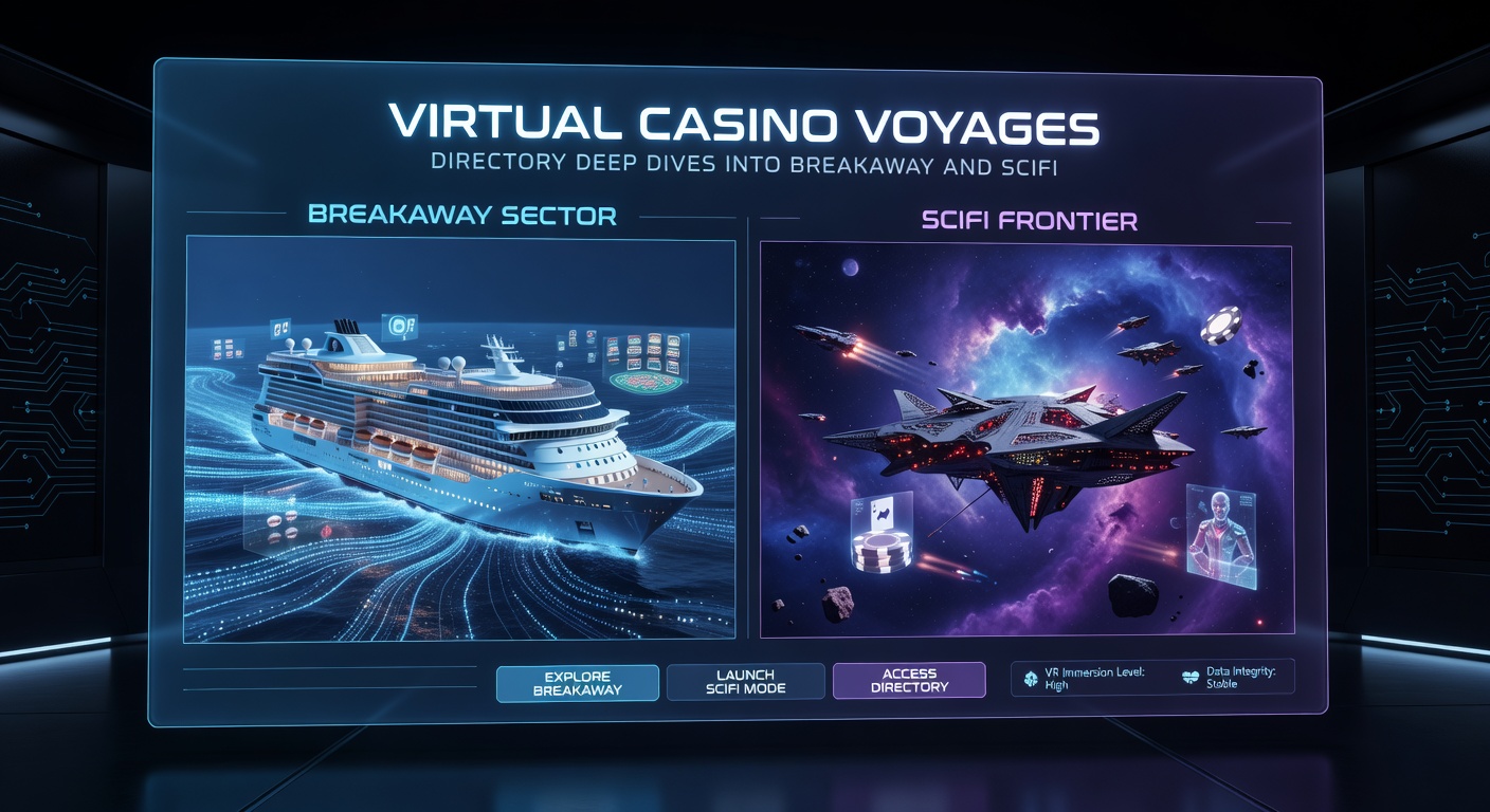 Futuristic SciFi casino interface with holographic games, spaceship cockpits, and laser-themed slots amid a starry virtual voyage backdrop