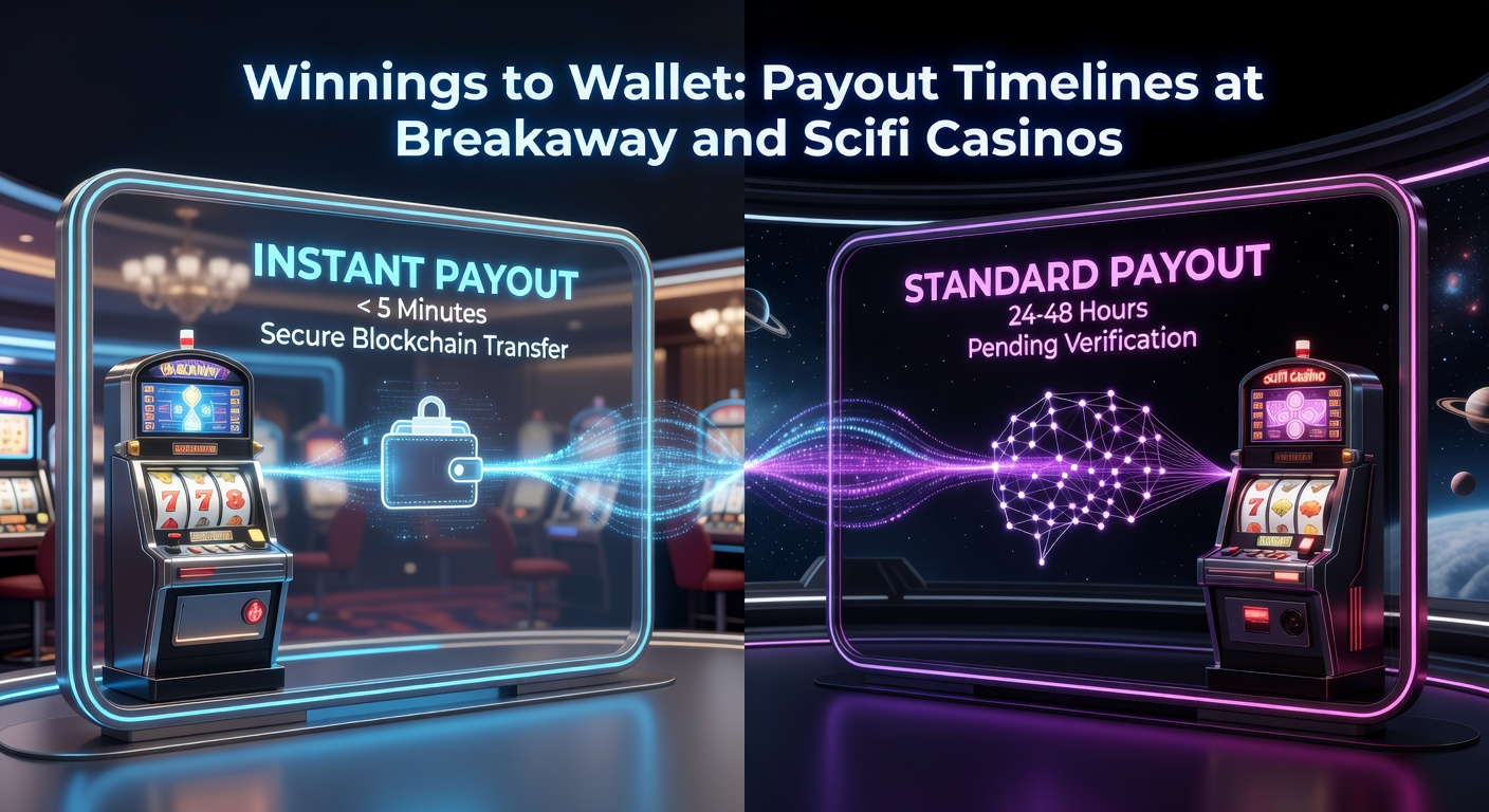 Timeline graphic comparing payout speeds for e-wallets, bank transfers, and crypto at Breakaway and Scifi Casinos, with clocks showing hour-by-hour progress
